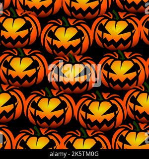 Gruseliger Halloween Kürbis mit bösem Lächeln, Jack o Lantern Druck. Nahtloses Vektormuster. Vektorgrafik Stock Vektor