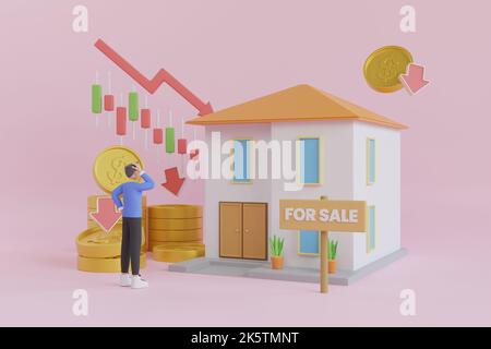 3D Illustration der wirtschaftlichen Rezession. 3D Illustration der Weltkrise. Aktienmärkte nach unten Chart. Finanzielle Stagnation, Rezession, Krise, Business cr Stockfoto