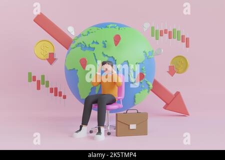 3D Illustration der wirtschaftlichen Rezession. 3D Illustration der Weltkrise. Aktienmärkte nach unten Chart. Finanzielle Stagnation, Rezession, Krise, Business cr Stockfoto