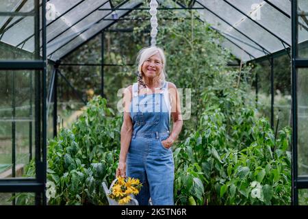 Ältere Frau posiert mit Gießkanne und Blumen in ihrem Gewächshaus, Gartenarbeit und nachhaltigem Lifestyle-Konzept. Stockfoto