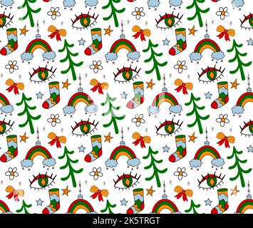 Frohe Weihnachten Groove nahtlose Muster 70s Stil. Psychedelischer Hippie endlose Textur Hintergrund Stock Vektor