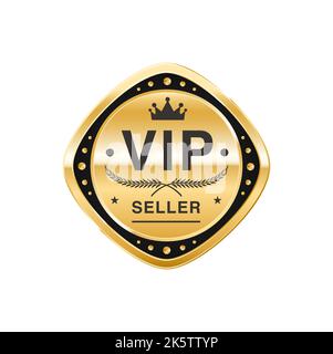 VIP-Verkäufer goldenes Abzeichen oder Etikett. Exklusiver Verkauf Metall-Tag oder Emblem, Premium-Garantie Gold Vektor-Symbol oder Rhombik-Symbol. VIP-Verkäuferzertifikat oder goldenes Abzeichen mit Lorbeer, Krone und Sternen Stock Vektor