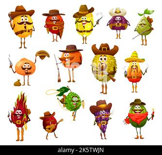 Cartoon Cowboy Räuber, Sheriff, Ranger und Bandit Frucht Charaktere. Vector Melone, Litschi, Karambola und Feigen, Birne, Mandarine, Pfirsich und Durian, Guave, Drachenfrucht und Bergamotte oder Pflaume, Traube, Feijoa Stock Vektor