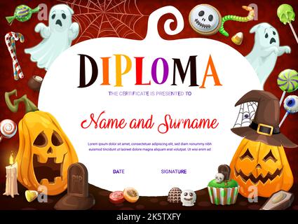 Kinderdiplom. Cartoon Halloween Kürbisse, Süßigkeiten und Spinnennetz. Kinder Bildung Leistungszertifikat, Schulabschluss Vektor Diplom mit Halloween Süßigkeiten, Geister Zeichen und Jack o Laternen Stock Vektor