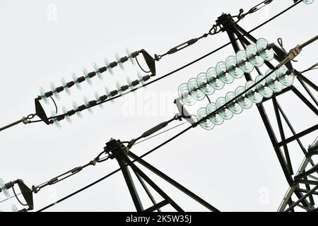 Detail der Isolatoren an einem elektrischen Stromgitter einer Verteilerleitung. Stockfoto