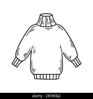 Strickpullover Doodle Illustration. Kleidung und Accessoires zeichnen isolierte Vektor. Casual ästhetisches Sweatshirt schwarz von Hand gezeichnete Umrissbild Stock Vektor