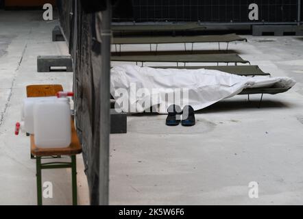 Dresden, Deutschland. 10. Oktober 2022. Ein Flüchtling schläft nach der Registrierung auf einem Kinderbett im Ankunftsbereich für Flüchtlinge am Hauptbahnhof. Kredit: Robert Michael/dpa/Alamy Live Nachrichten Stockfoto