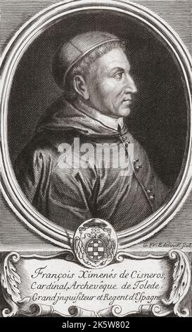 Francisco Jiménez de Cisneros, 1436 – 1517, aka Ximenes de Cisneros. Spanischer Kardinal, religiöse Figur und Staatsmann. Nach einem Druck aus dem 18.. Jahrhundert von Gaspar François Edelinck. Stockfoto