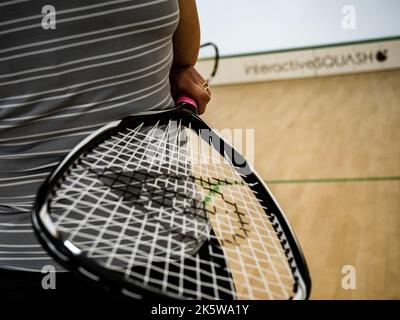 Squash-Training mit Nick Matthew und Sanne Veldkamp, mit dem interactiveSQUASH-Platz. Nick Matthews OBE gab einen Squash-Meisterkurs Stockfoto