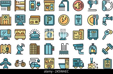 Symbole für Einrichtungen legen den Umrissvektor fest. Hotelservice. Transfer Concierge dünne Linie Farbe flach auf weiß Stock Vektor