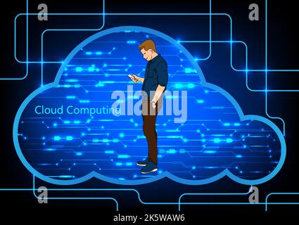 Grafikdesign Hitech Technology Cloud Computing Konzept. Computer, der aus der Cloud auf Online-Netzwerkkommunikation zugreift, Vektordarstellung Stock Vektor