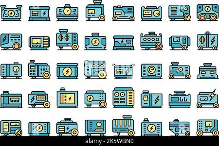 Symbole des Leistungsgenerators legen den Umrissvektor fest. Elektromotor. Diesel Power dünne Linie Farbe flach auf weiß Stock Vektor