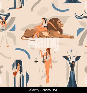 Hand gezeichnet Vektor Stock abstrakt flach Grafik-Illustration mit Sternzeichen astrologische zeitgenössische nahtlose Muster mit Schönheit Magie Frauen Stock Vektor