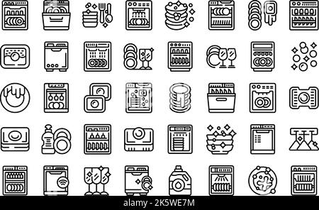 Symbole für Spülmittel für Geschirrspüler legen den Umrissvektor fest. Tabs-Werbung. Kapseln sauber Stock Vektor