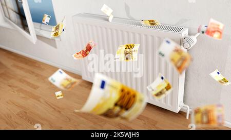 Von oben auf Euro-Banknoten fallen mit weißem Heizkörper an der Wand in der Wohnung, was Heizkosten Stockfoto