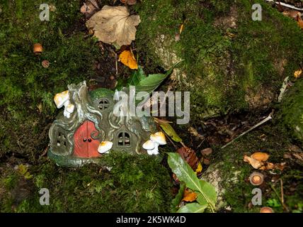 Feenhäuser in einem dunklen Wald. Stockfoto