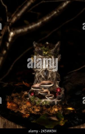 Feenhäuser in einem dunklen Wald. Stockfoto