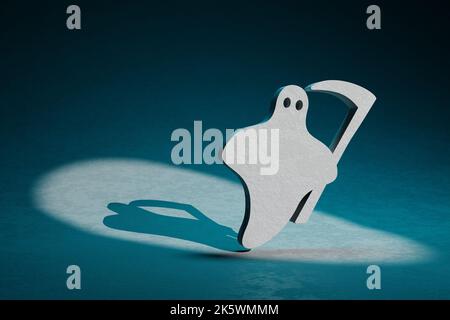 Schöne abstrakte Illustrationen Halloween Geister Sensenmann Symbol-Symbol auf einem dunkelblauen Hintergrund. 3D Rendering-Illustration. Hintergrundmuster für Stockfoto