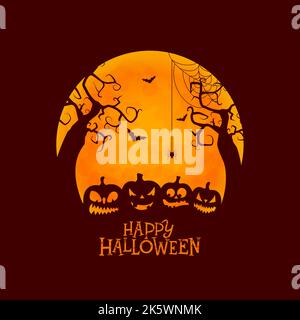 Happy Halloween Illustration mit niedlichen Scary Kürbis und Fliegende Fledermäuse auf Orange Moon Hintergrund. Vektor Herbst Urlaub Design-Vorlage für Begrüßung Stock Vektor