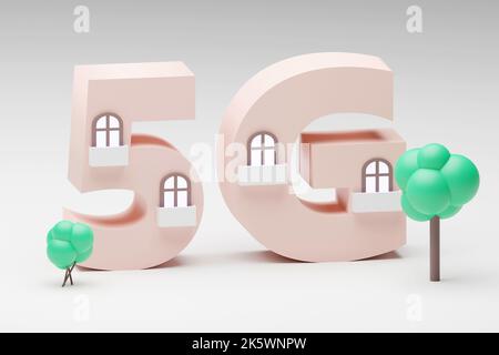 3D kleines Haus auf unscharfem Hintergrund mit 5G Netzwerk mit Mobiltelefon 3D Rendering Illustration Stockfoto