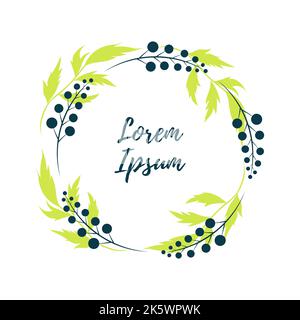 Minimalistischer Rahmen mit Blumenmuster für Text und Vektorgrafiken. Handgezeichneter Kranz, Zweige mit Blättern und Beeren. Für Branding und geschäftliche Identität, soziale Medien Stock Vektor