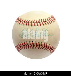 Ein historischer, handsignierter Baseballspieler, signiert von der Hall of Fame der Cleveland Indians, Pitcher Bob Feller Stockfoto