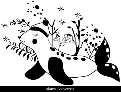 Schwarz-weißer magischer Winter, ein niedlicher Seehund im Hut, Blätter, Winterbeeren, Schnee. Arktische Tiere. Zusammensetzung perfekt für Grußkarten, Poster, Postkarte, Banner.Vektor Stock Vektor