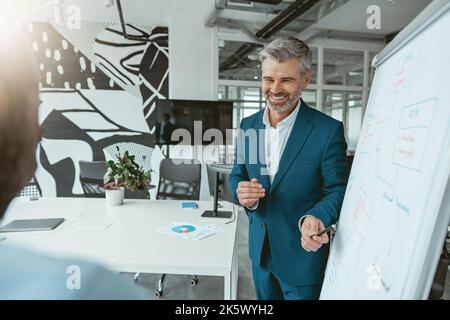 Ein männlicher Business-Coach oder Sprecher präsentiert bei Meetings den verschiedensten Geschäftsleuten Flipchart-Präsentationen Stockfoto