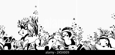 Schwarz und weiß ein süßer arktischer Pinguin in einem Hut auf Schlittschuhe, schlafender Wolf, lustige Rentiere, Maus, Blätter und Beeren.Konzept Weihnachten und Neujahr.perfekt für Grußkarten, Poster, Postkarte, Banner. Stock Vektor