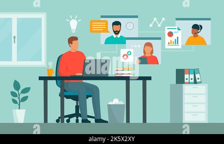 Professionelles Business-Team mit Videoanruf, Online-Meeting und Kommunikationskonzept Stock Vektor