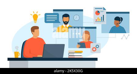 Professionelles Business-Team mit Videoanruf, Online-Meeting und Kommunikationskonzept Stock Vektor