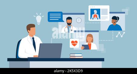 Arzt, der am Schreibtisch sitzt und mit einem Laptop arbeitet, führt eine Telefonkonferenz mit anderen medizinischen Fachkräften online durch und greift auf elektronische M zu Stock Vektor
