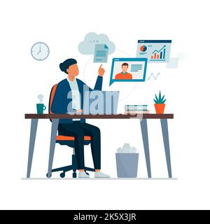 Geschäftsfrau, die am Schreibtisch sitzt und mit ihrem Laptop arbeitet, teilt Dateien online und filmt seinen Kollegen, Remote-Work-Konzept, isoliert o Stock Vektor