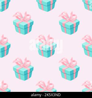 Türkisfarbene Geschenkschachteln im Muster auf hellrosa Hintergrund zum Drucken und Dekorieren. Vektorgrafik. Stock Vektor