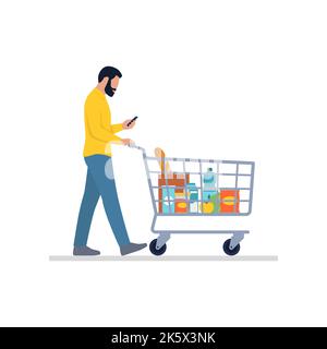 Mann beim Einkaufen im Supermarkt: Er schiebt einen Einkaufswagen und nutzt sein Smartphone, isoliert auf weißem Hintergrund Stock Vektor