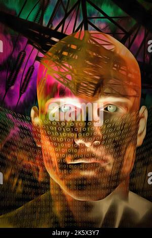 Das Gesicht des Mannes mit Schleier von Binärcode. Hochspannungsleitung auf einem Hintergrund. 3D Rendern Stockfoto