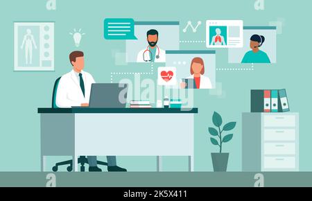 Arzt, der am Schreibtisch sitzt und mit einem Laptop arbeitet, führt eine Telefonkonferenz mit anderen medizinischen Fachkräften online durch und greift auf elektronische M zu Stock Vektor