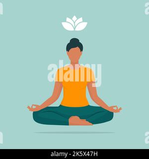 Entspannte Frau, die in der Lotusposition sitzt und Meditation praktiziert Stock Vektor