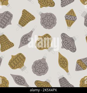 Weihnachtliche nahtlose Muster mit Glaskugeln, Weihnachtsspielzeug. Vintage-Kugeln, Retro-Einrichtung. Handgezeichnete Vektorgrafik im einfachen Stil Stock Vektor