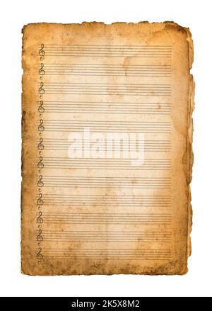 Altes Notenblatt mit leerem musikalischen Pentagramm isoliert auf Weiß Stockfoto