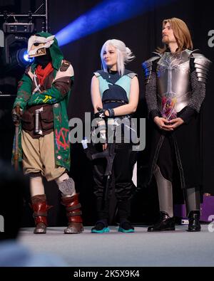 Polen, Poznan - 09. Oktober 2022: Poznan Game Arena, Videospiel-Charaktere, Valorant Jett Cosplay Cosplay. Stockfoto