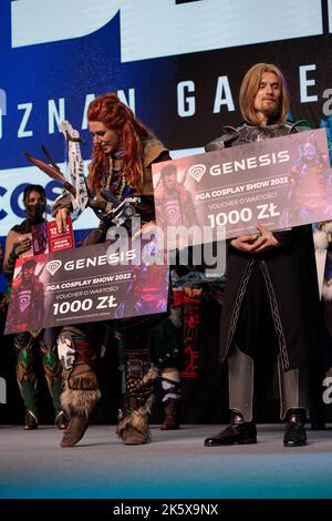 Polen, Poznan - 09. Oktober 2022: Poznan Game Arena, Videospiel-Charaktere, Cosplay. Aloy von Horizon Zero Dawn. Stockfoto