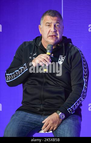 Manchester, England - 10.. Oktober 2022 - England Cheftrainer Shaun Wane nimmt an einem Q&A-Gespräch beim Start des Rugby League World Cup RLWC 2021 im Science Museum, Manchester, Großbritannien, Teil Stockfoto