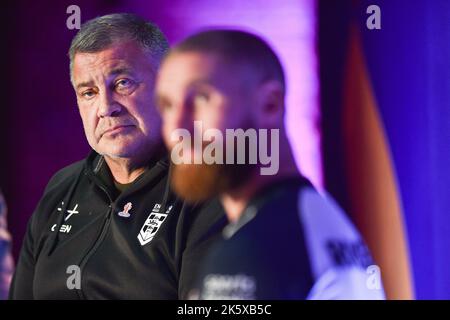 Manchester, England - 10.. Oktober 2022 - England Cheftrainer Shaun Wane nimmt an einem Q&A-Gespräch beim Start des Rugby League World Cup RLWC 2021 im Science Museum, Manchester, Großbritannien, Teil Stockfoto