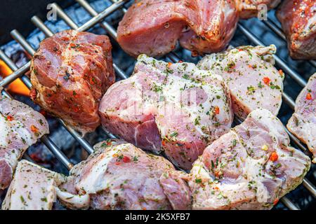 B-B-Q. Das Fleisch wird auf dem Grill gegrillt. Stockfoto