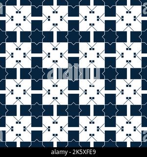 Blaues islamisches Muster. Orientalische Tartanstruktur. Geometrisches, nahtloses Blumenmuster. Abstrakter Hintergrund. Winterschmuck. Vintage-Tapete. Stockfoto