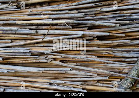 Die strohgedeckte Dachstruktur eines alten Hauses Altes Stroh verblasste in der Sonne als Material für das Dach. Tropischer Hintergrund, Nahaufnahme des Strohdachs, schwarz und Stockfoto