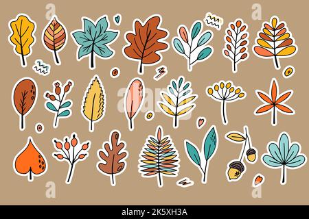 Set von Aufklebern aus hellen Herbstblättern. Doodle-Stil. Hallo, Herbst. Design oder Aufkleber. Isolierte Vektordarstellung Stock Vektor