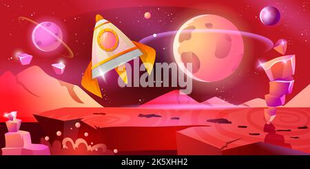 Alien Planet Landschaft für Raum Spiel Hintergrund. Roter Himmel mit glühenden Kristallsteinen, Rakete, Oberflächenplaneten und Galaxien im Sonnensystem. Orange fantastische Kosmos Vektor Cartoon Illustration. Stock Vektor
