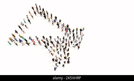 Konzept konzeptuelle große Gemeinschaft von Menschen, die die Megaphon-Ikone bilden. 3d-Illustration Metapher für Kommunikation, Audio-Ansage, Broadcast Stockfoto